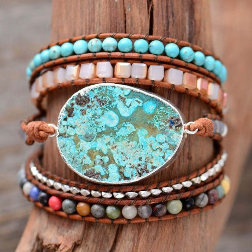 Handmade Natural Ocean Jasper Leather Wrap Bracelet