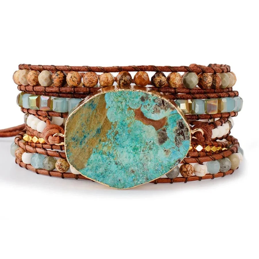 Handmade Natural Ocean Jasper Leather Wrap Bracelet