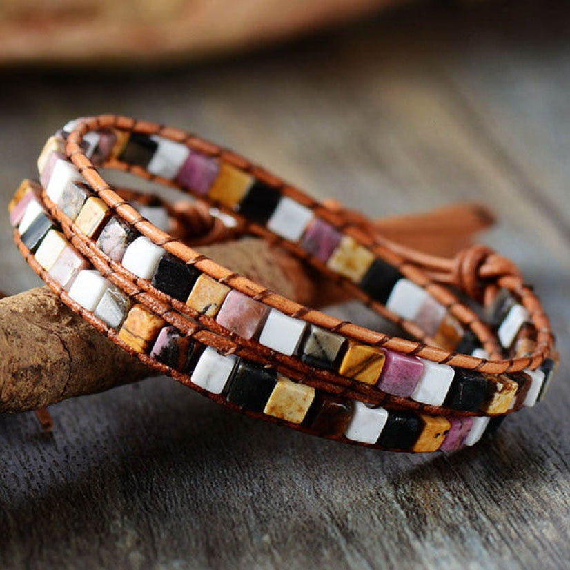 Natural Jasper Semi-Precious Stone Two Layer Leather Bracelet - 6 Colours