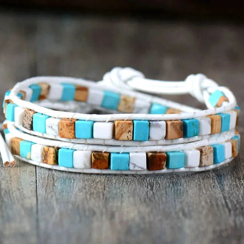 Natural Jasper Semi-Precious Stone Two Layer Leather Bracelet - 6 Colours