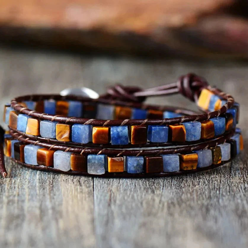 Natural Jasper Semi-Precious Stone Two Layer Leather Bracelet - 6 Colours