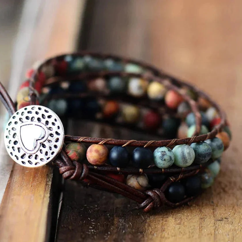 Natural Semi-Precious Gemstones "LOVE" Leather Wrap Bracelet