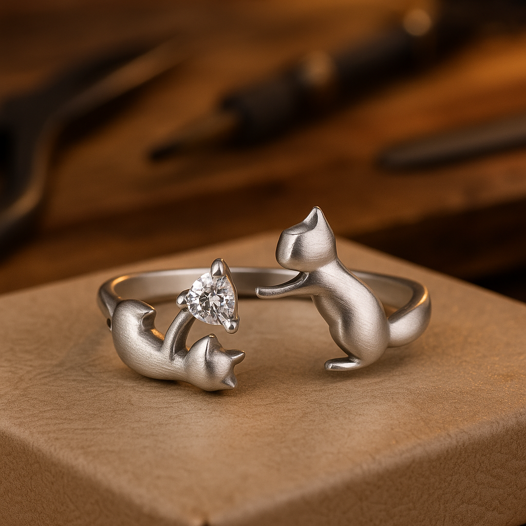 Playful Sterling Silver Cat Adjustable Ring with Zirconia™