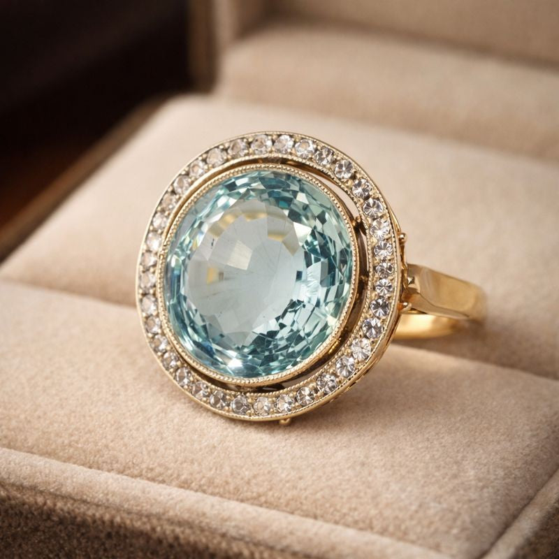 Rounded Blue Glass Gold Ring