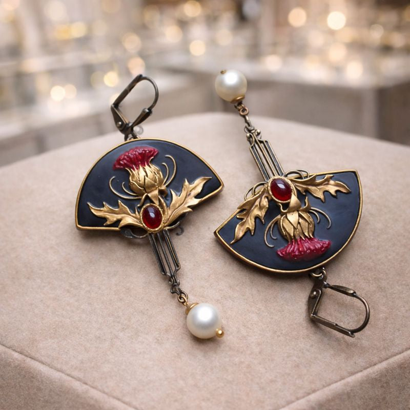 Boho Earrings with Pearls and Red Crystal