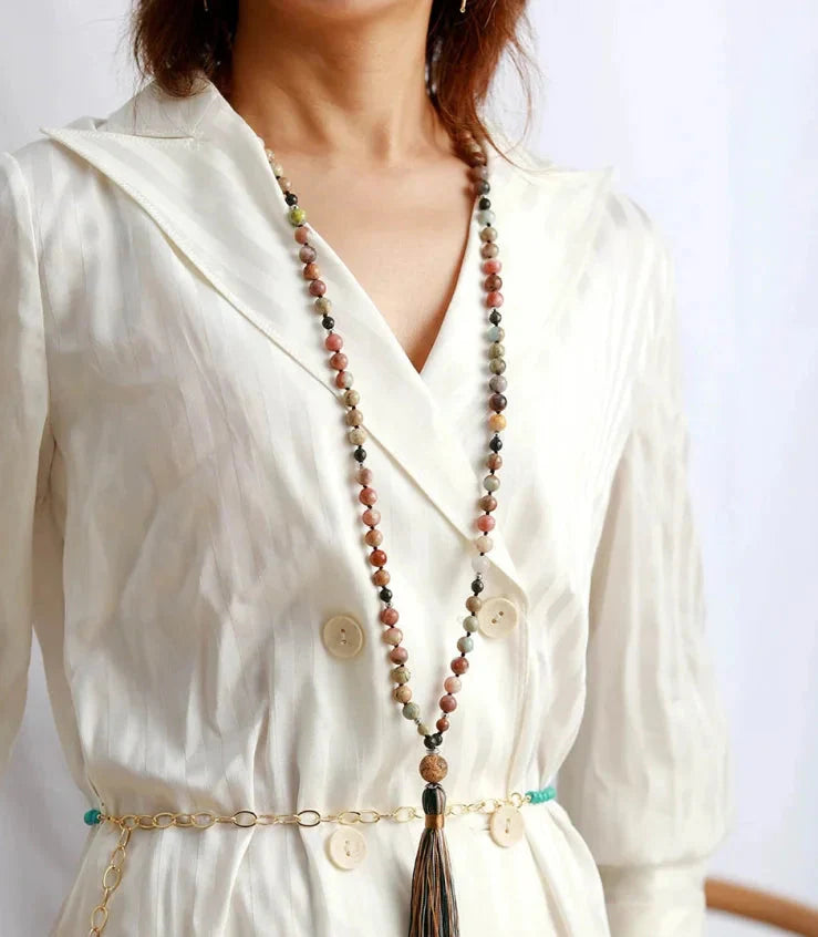 Natural Handmade Jasper Agate & Pyrite Bead Necklace With Tassel