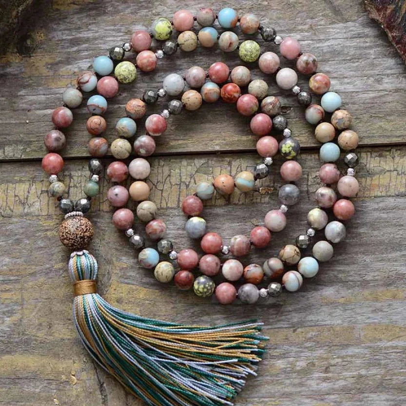 Natural Handmade Jasper Agate & Pyrite Bead Necklace With Tassel