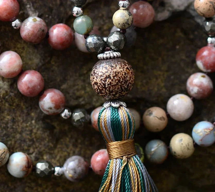 Natural Handmade Jasper Agate & Pyrite Bead Necklace With Tassel