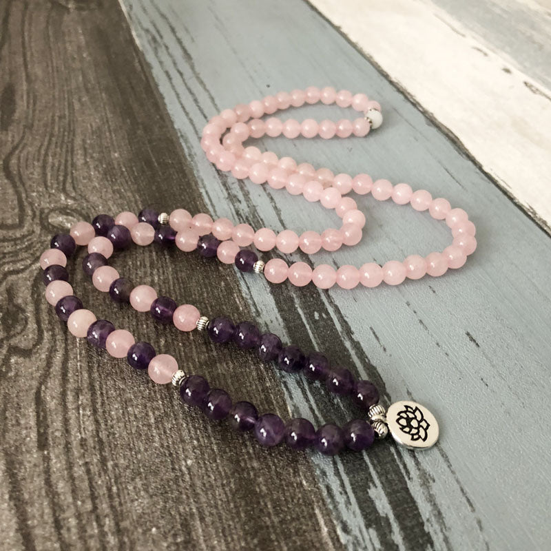 108 Natural Rose Quartz & Amethyst Mala Beads