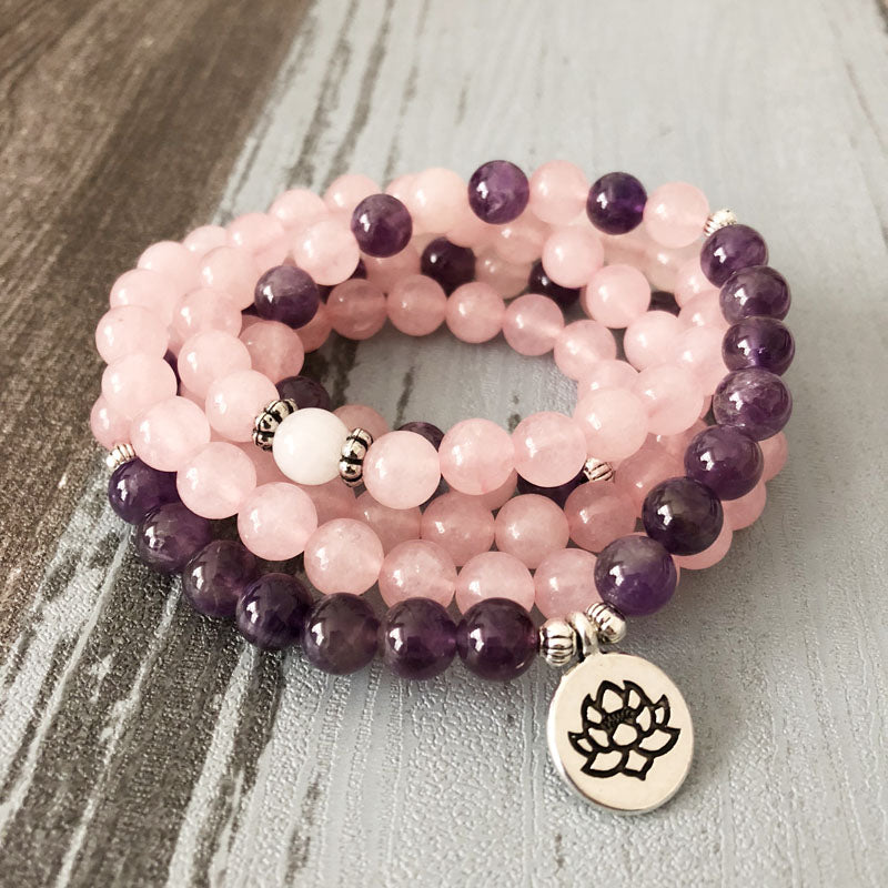 108 Natural Rose Quartz & Amethyst Mala Beads