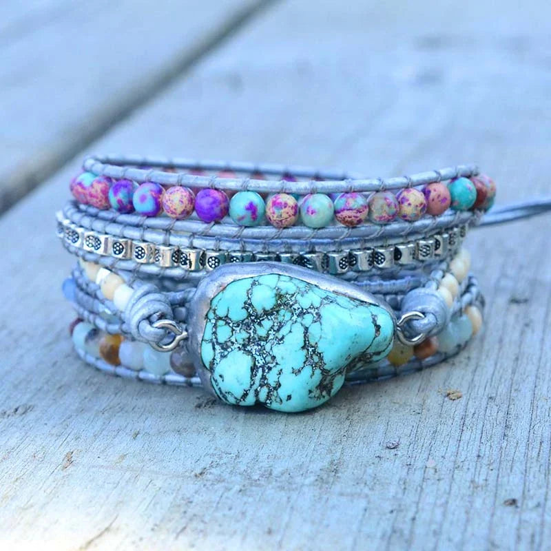 Handmade Turquoise, Jasper & Amazonite Leather Wrap Bracelet