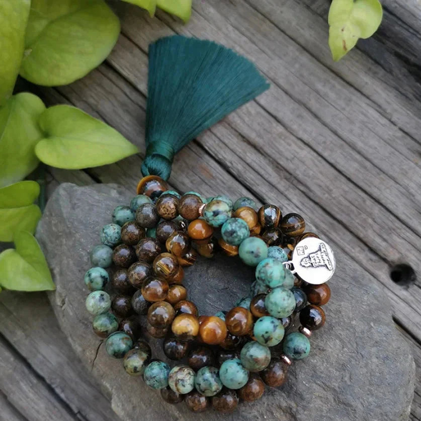 108 Natural Tiger Eye Bronzite & African Turquoise Mala Beads