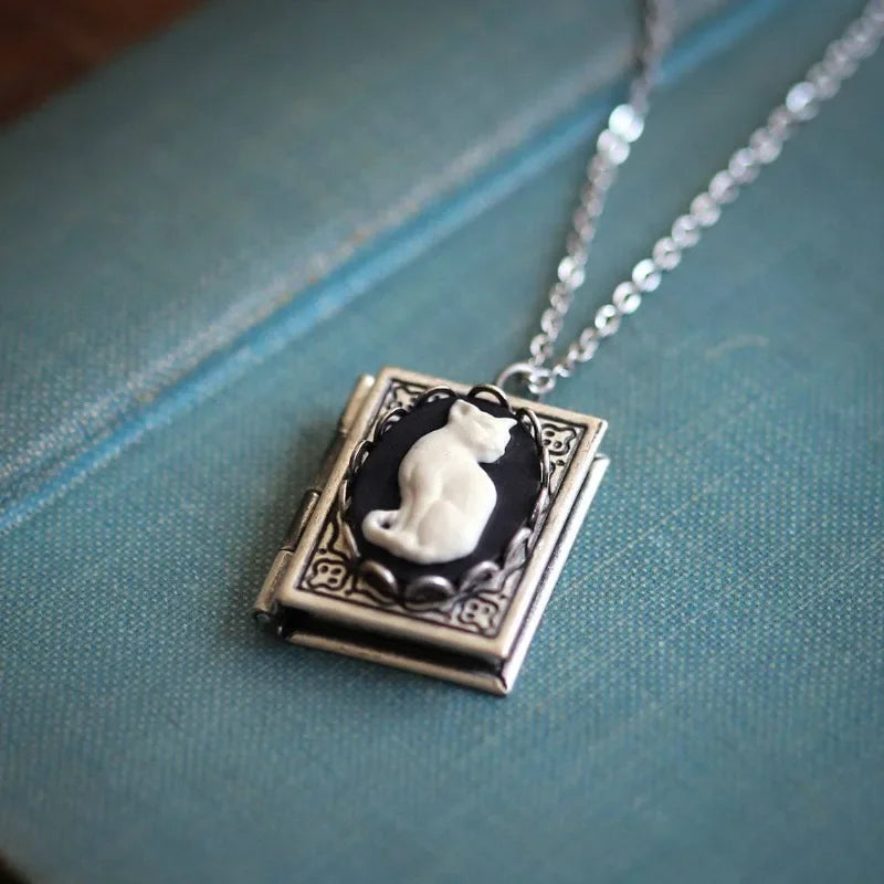 Vintage Cat Book Pendant Necklace™ – Rotating Page Design