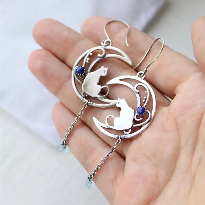 Moonlight Cat Earrings™ – Vintage Crescent Design with Lapis Lazuli Gemstone