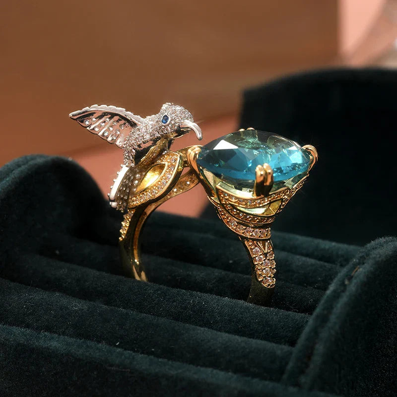 Adjustable Aquamarine-Color Hummingbird Ring™ – 14K Gold Plated
