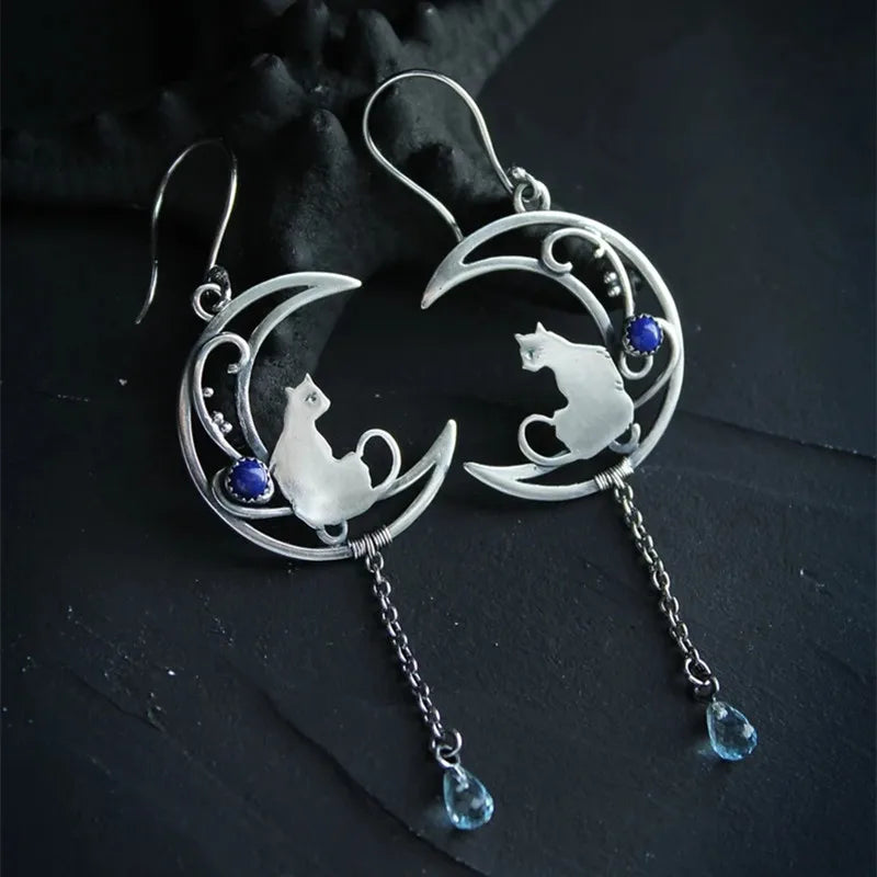 Moonlight Cat Earrings™ – Vintage Crescent Design with Lapis Lazuli Gemstone