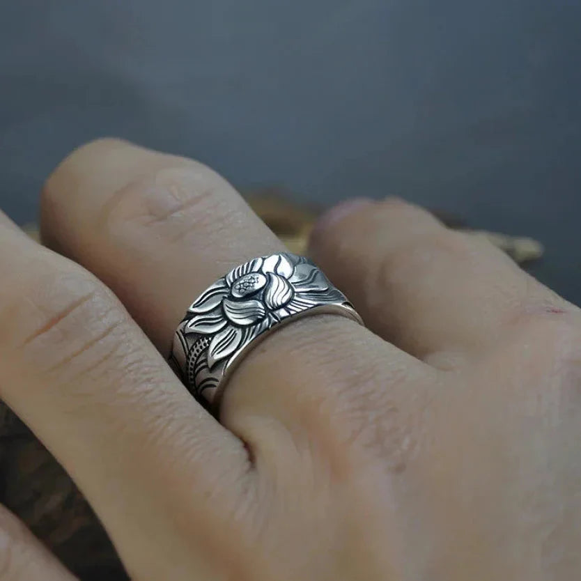 Buddhist Silver Lotus Flower Ring