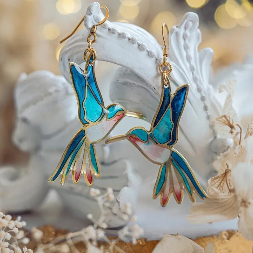 Graceful Hummingbird Blue Enamel Earrings™
