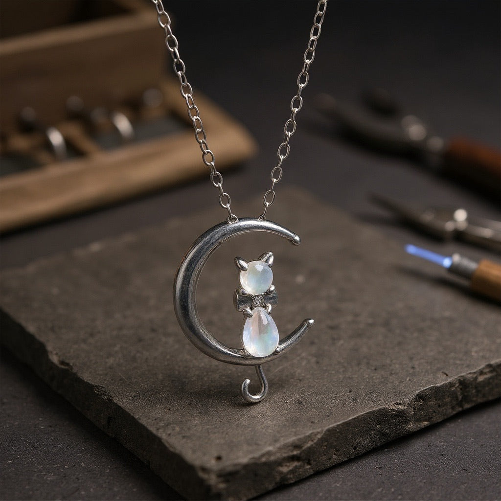 Moonstone Crescent and Cat Necklace™