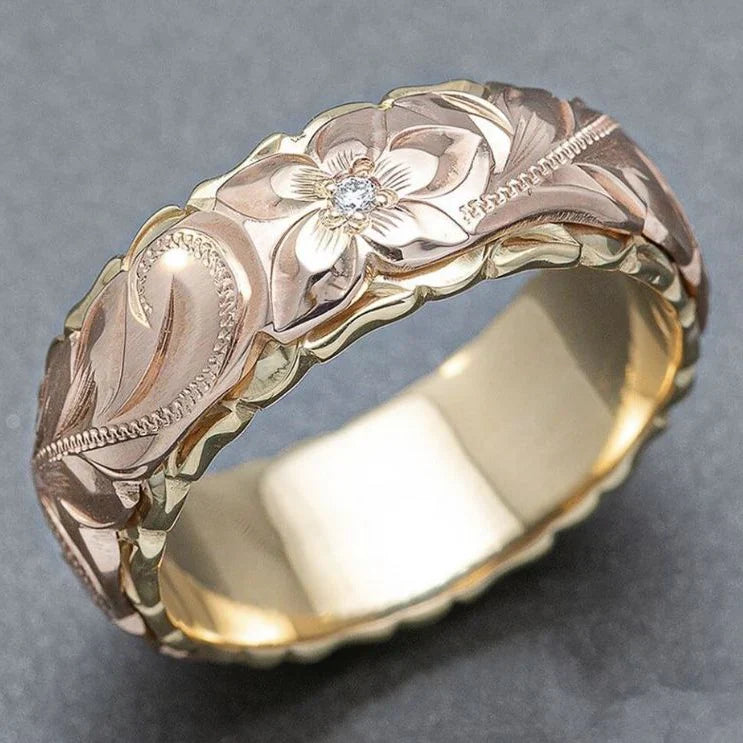 Vintage Rose Gold Flower Engraved Ring