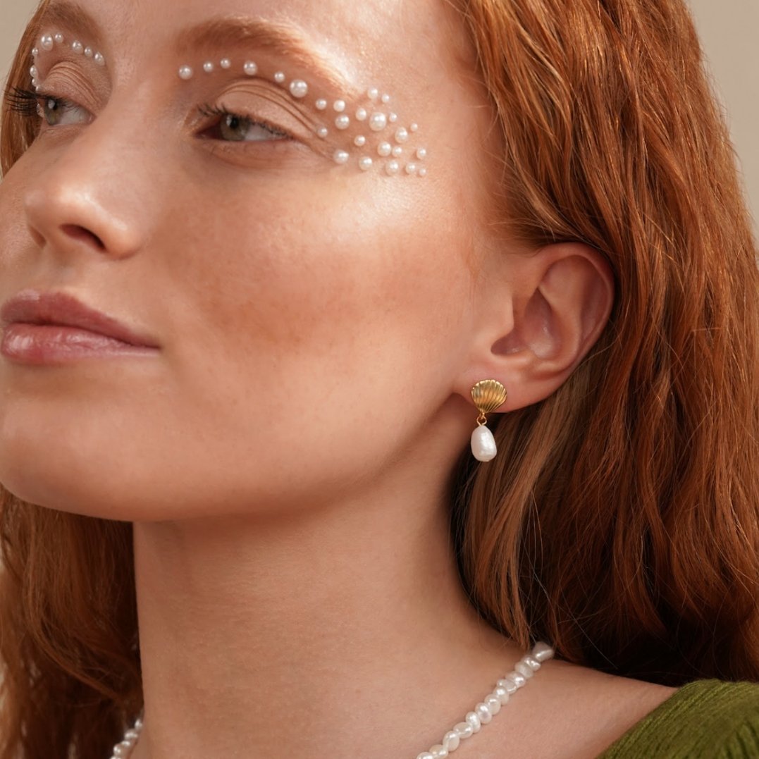 Freshwater Pearl & Gold Shell Earrings