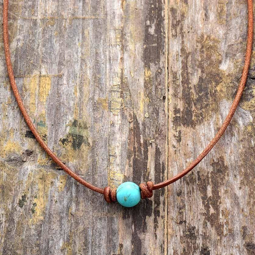 Handmade Leather & Turquoise Bead Choker Necklace