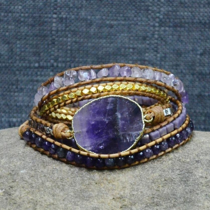 Handmade Natural Amethyst Gemstone Leather Wrap Bracelet