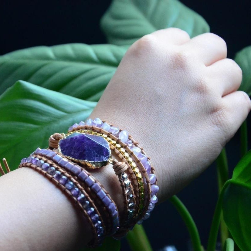 Handmade Natural Amethyst Gemstone Leather Wrap Bracelet