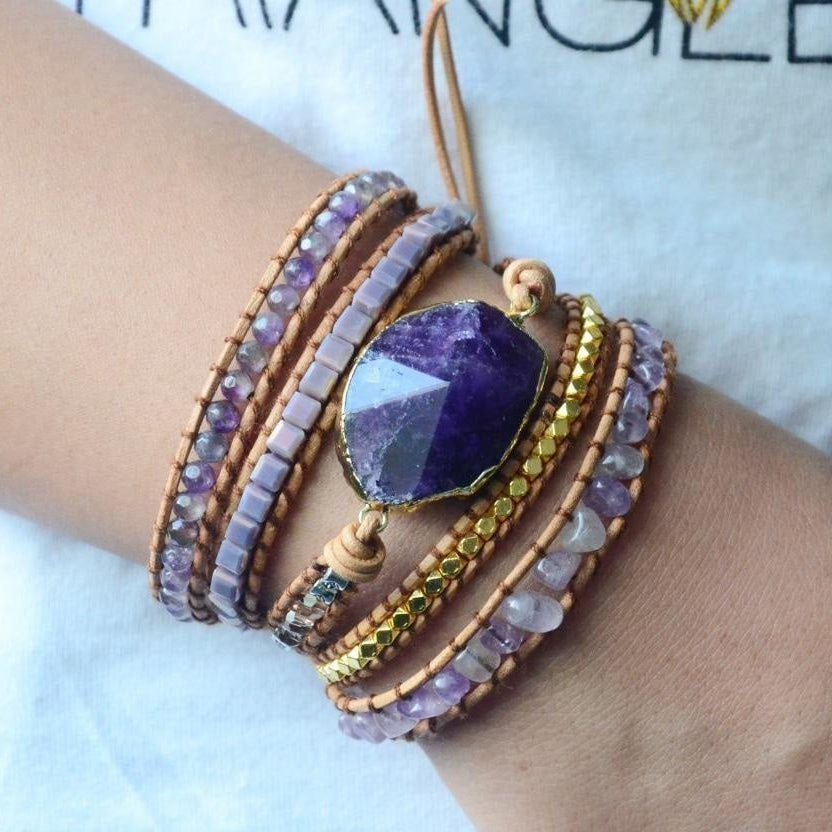 Handmade Natural Amethyst Gemstone Leather Wrap Bracelet
