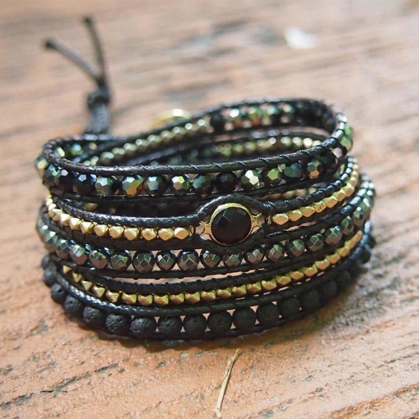 Handmade Natural Black Lava Stone & Hematite Gemstone Wrap Bracelet