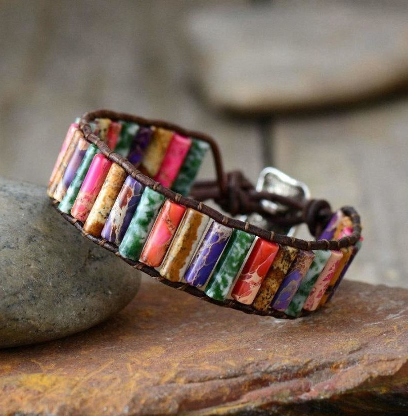 Handmade Natural Jasper & Agate Stone Leather Wrap Bracelet
