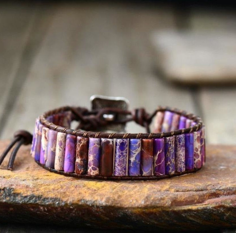 Handmade Natural Jasper & Agate Stone Leather Wrap Bracelet
