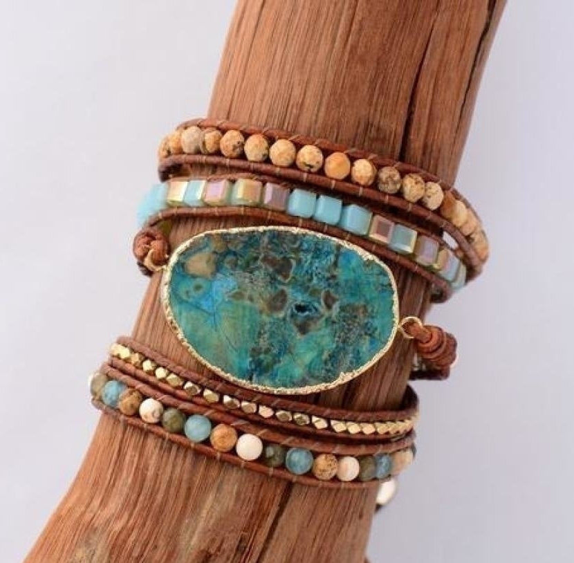 Handmade Natural Ocean Jasper Leather Wrap Bracelet