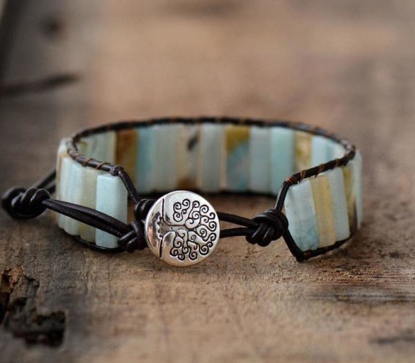 Natural Amazonite Stone & Leather Tree Of Life Bracelet