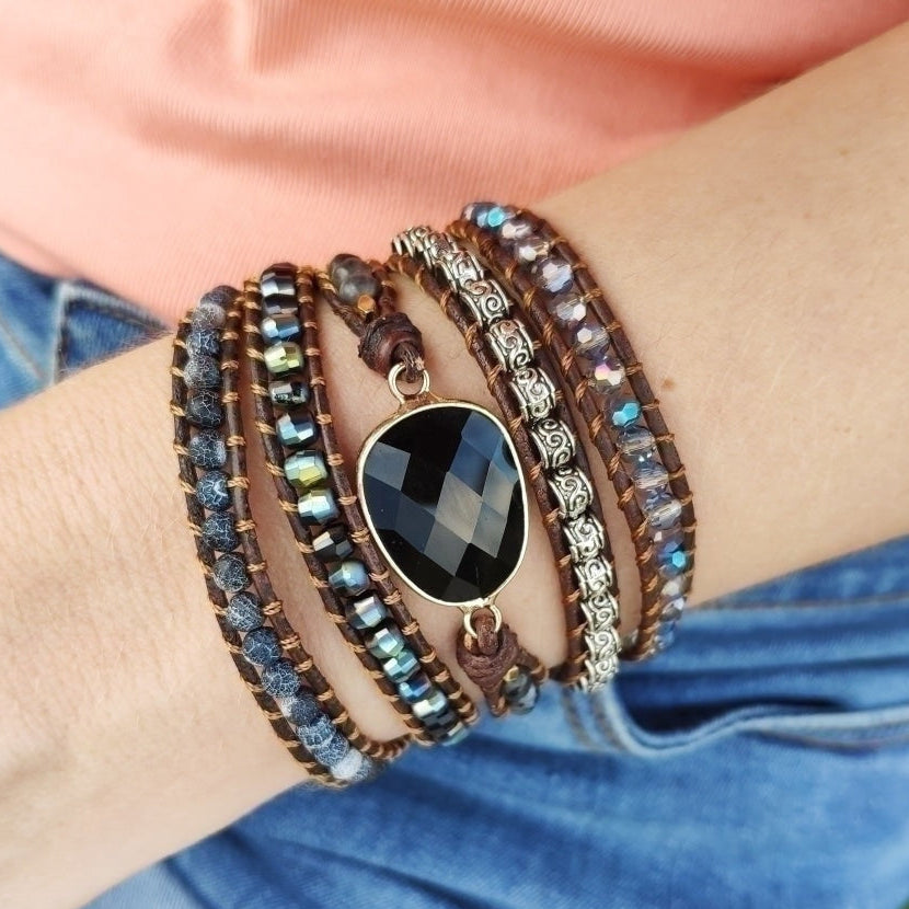 Natural Black Onyx Beaded Wrap Bracelet