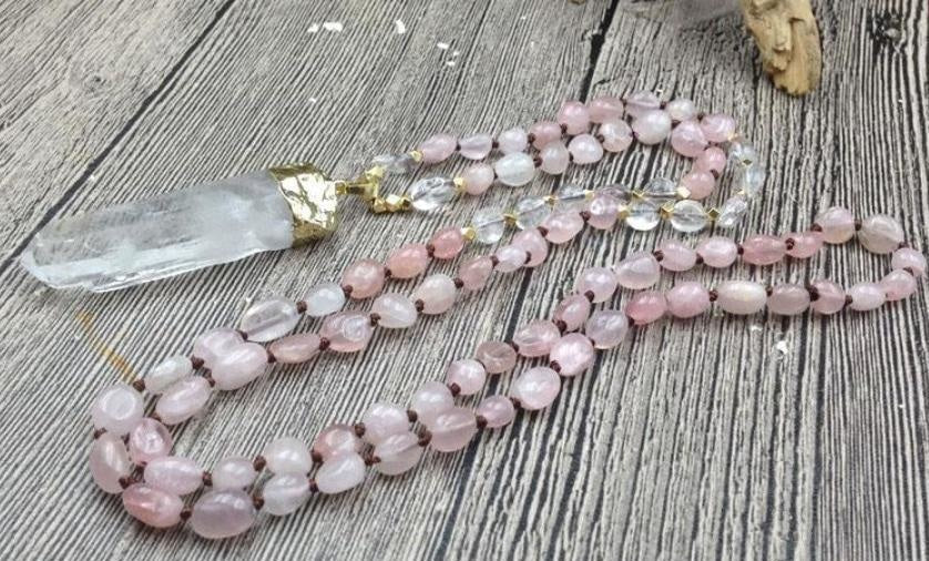 Natural Clear Quartz & Rose Quartz Gemstone Necklace