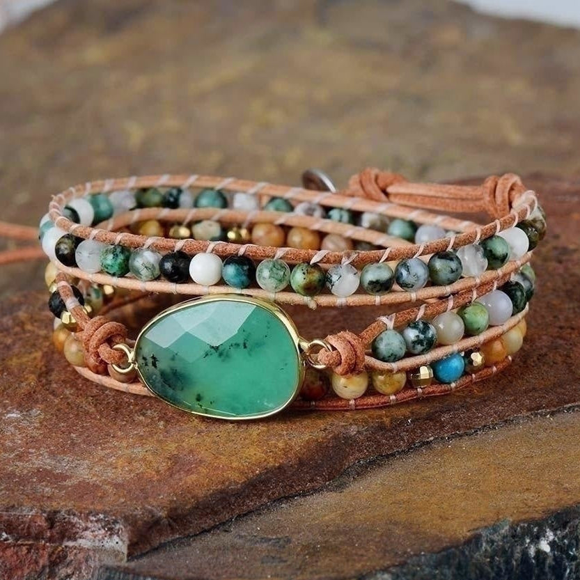 Natural Green Jade Jasper and Moss Agate Wrap Bracelet
