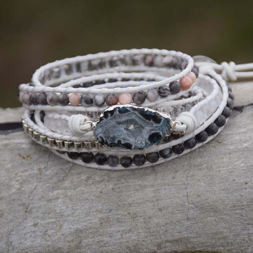 Natural Labradorite, White Jade & Druzy Wrap Bracelet