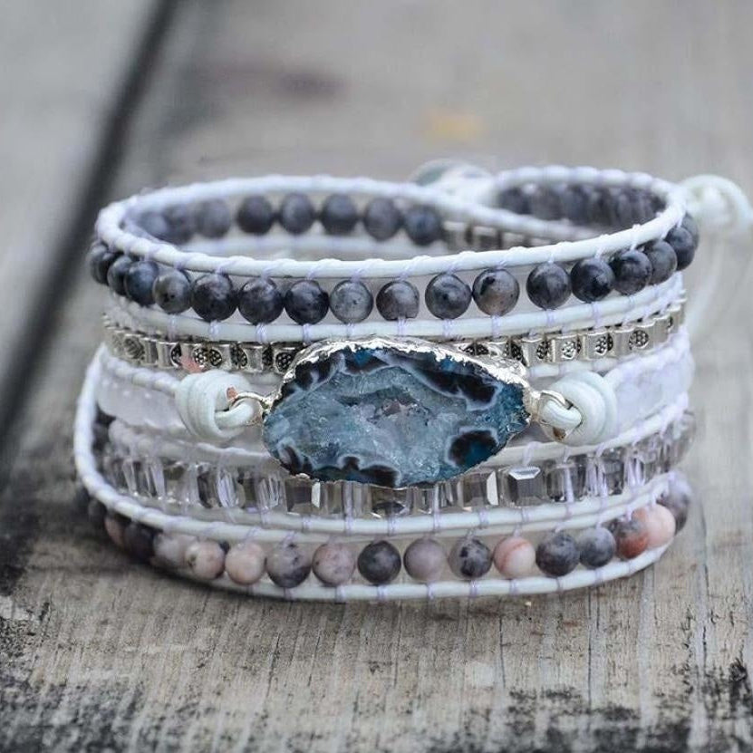 Natural Labradorite, White Jade & Druzy Wrap Bracelet