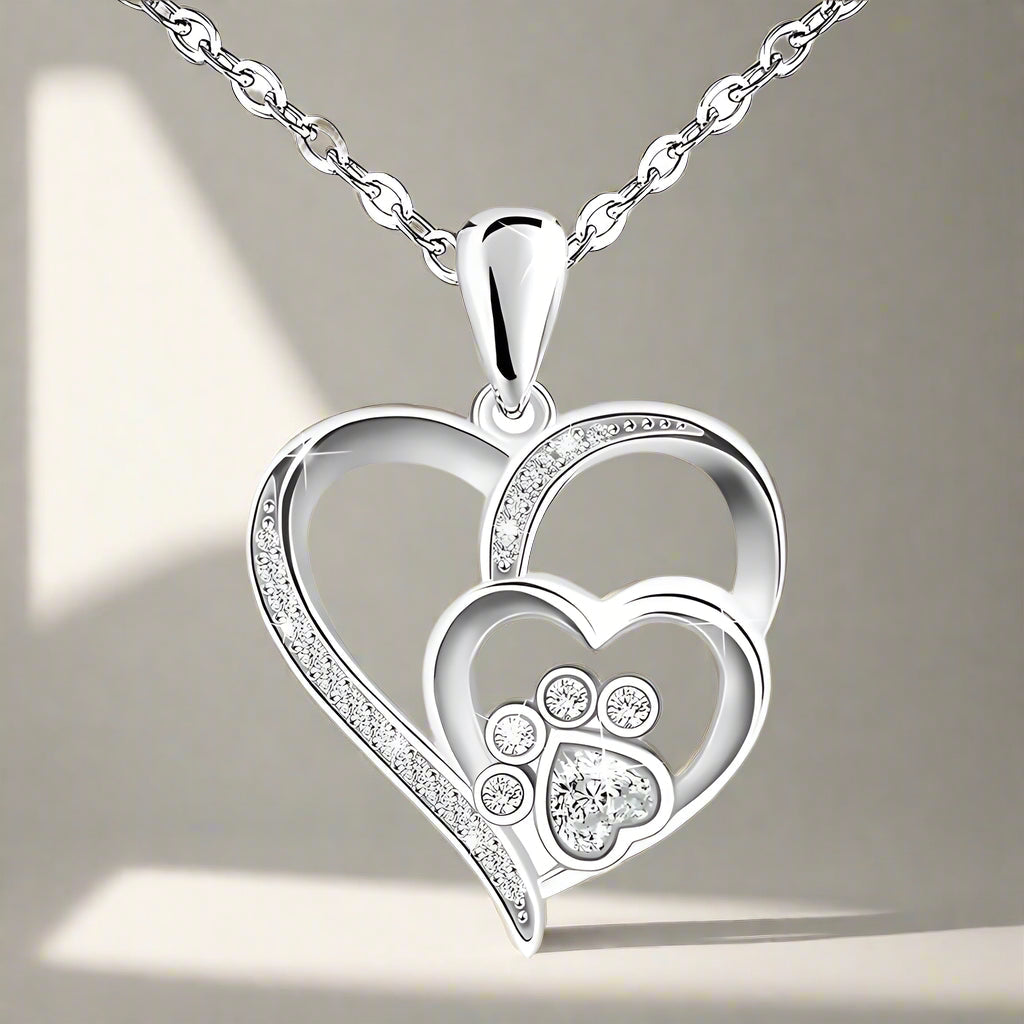 Sterling Silver Paw & Heart Necklace with Zirconia™