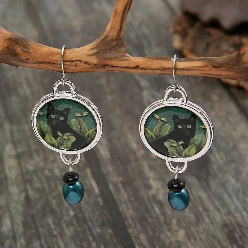 Vintage Tropical Black Cat Dangle Earrings™