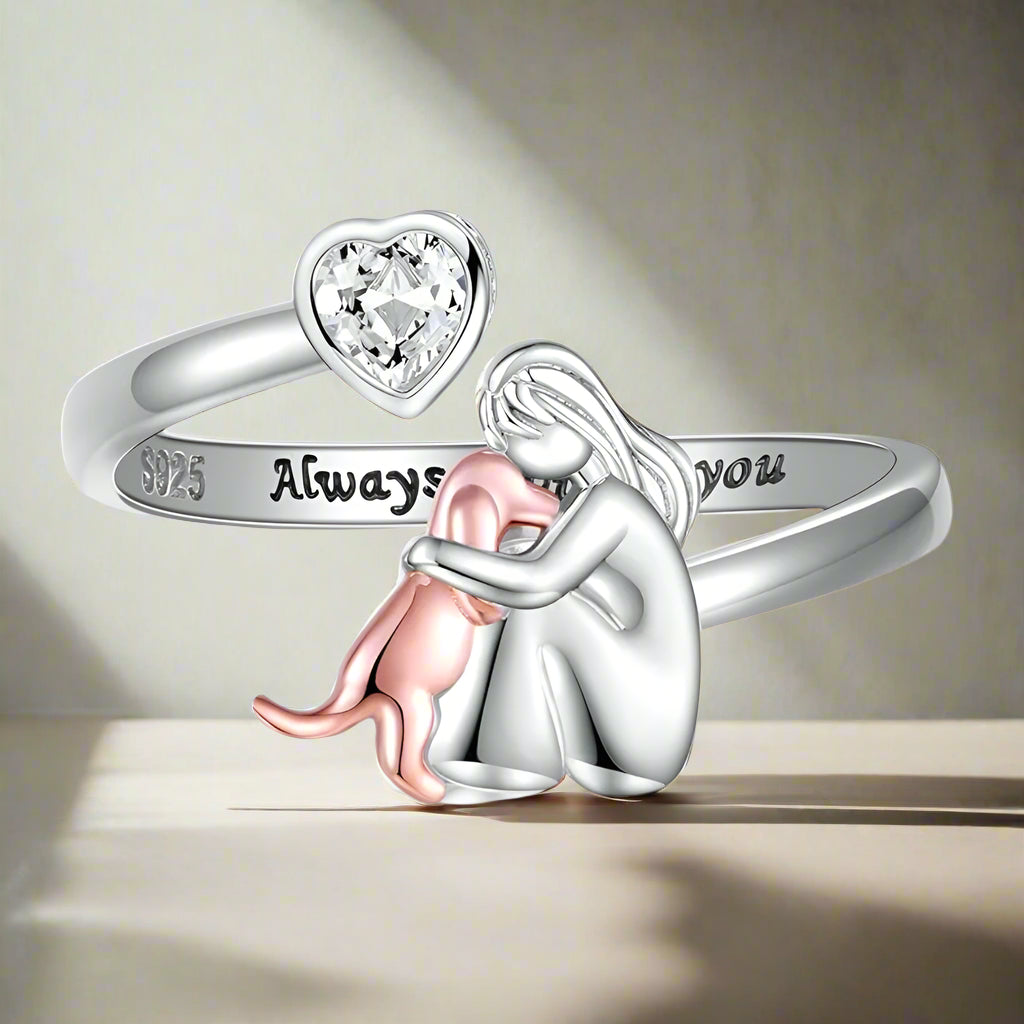 Adjustable Dog Ring in 925 Sterling Silver™ – “Always in My Heart” with Zirconia